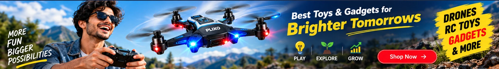 PLIXO toys and gadgets featuring a young adult flying an RC drone