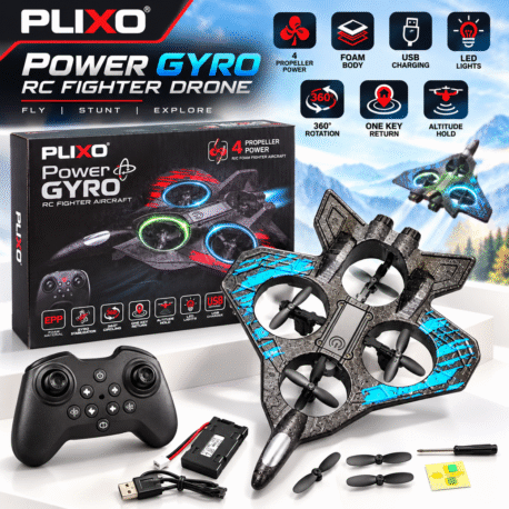 PLIXO Power Gyro RC Fighter Drone – 4 Propeller Flying Jet with 360° Stunts, LED Lights & Remote Control
